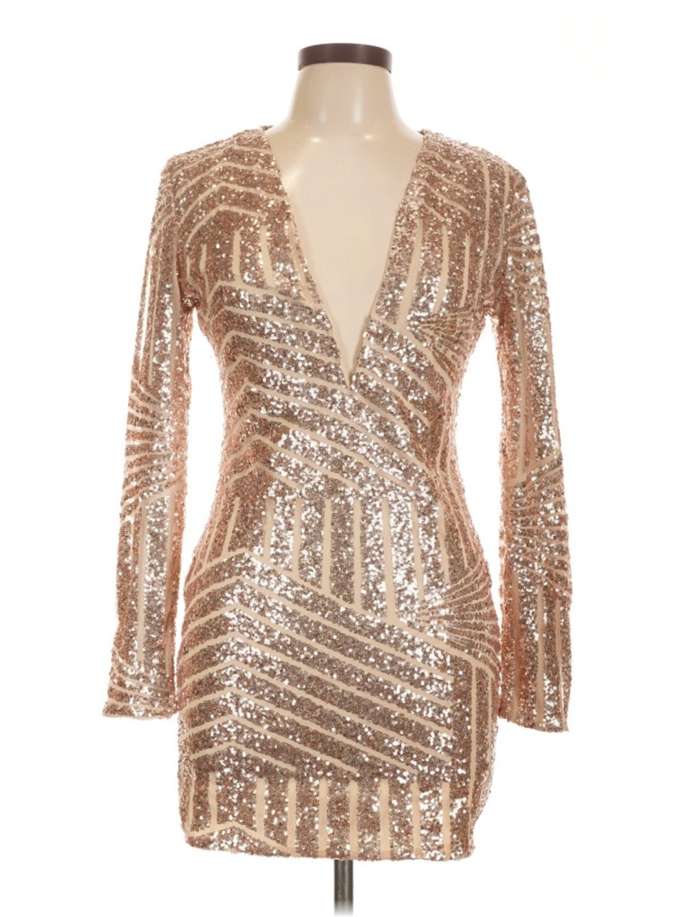 Sequined Deep V-Neck Long Sleeve Mini Dress in Rose Gold